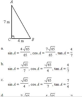 Find the values of sine cosine and tangent for angle A-example-1