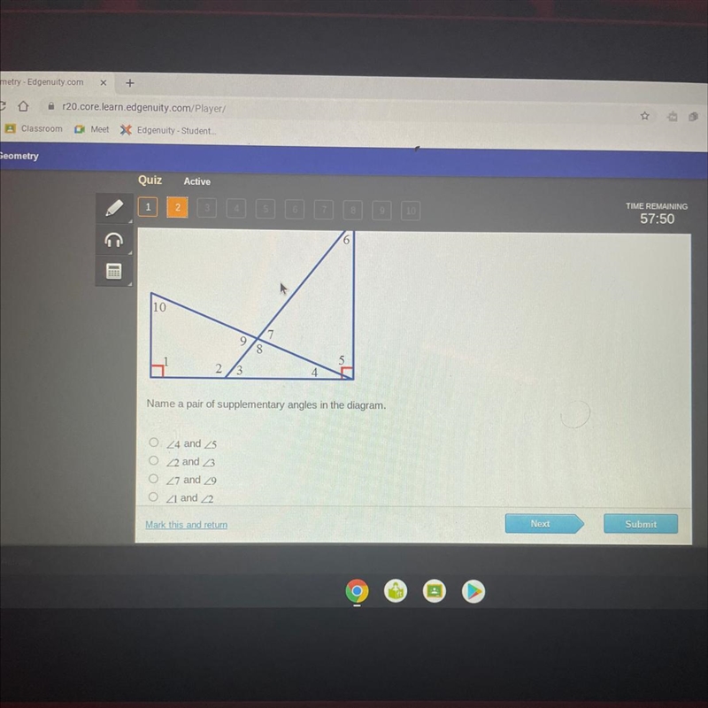 Name a pair of supplementary angles-example-1