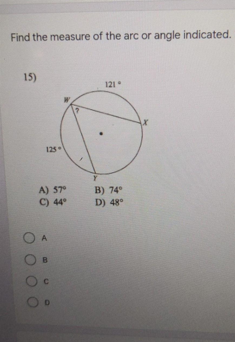 Find the measure of the arc or angle indicated​-example-1