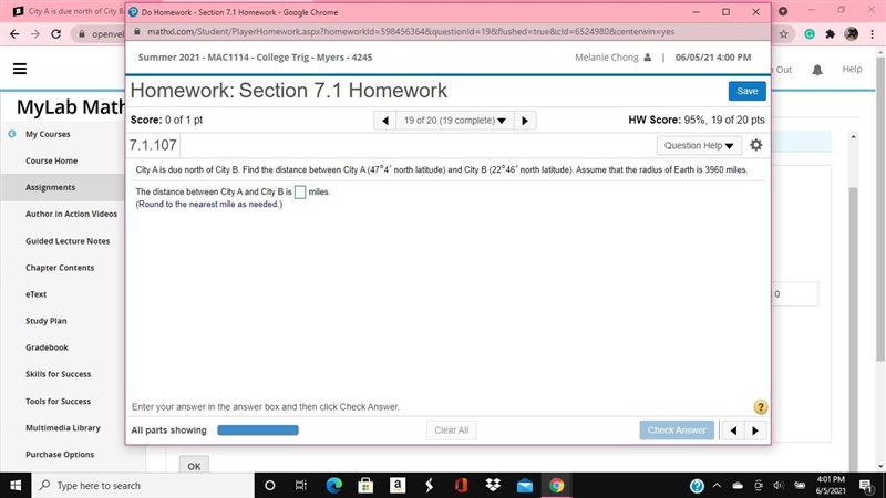 City A is due north of City B. Find the distance between City A ​( north​ latitude-example-1