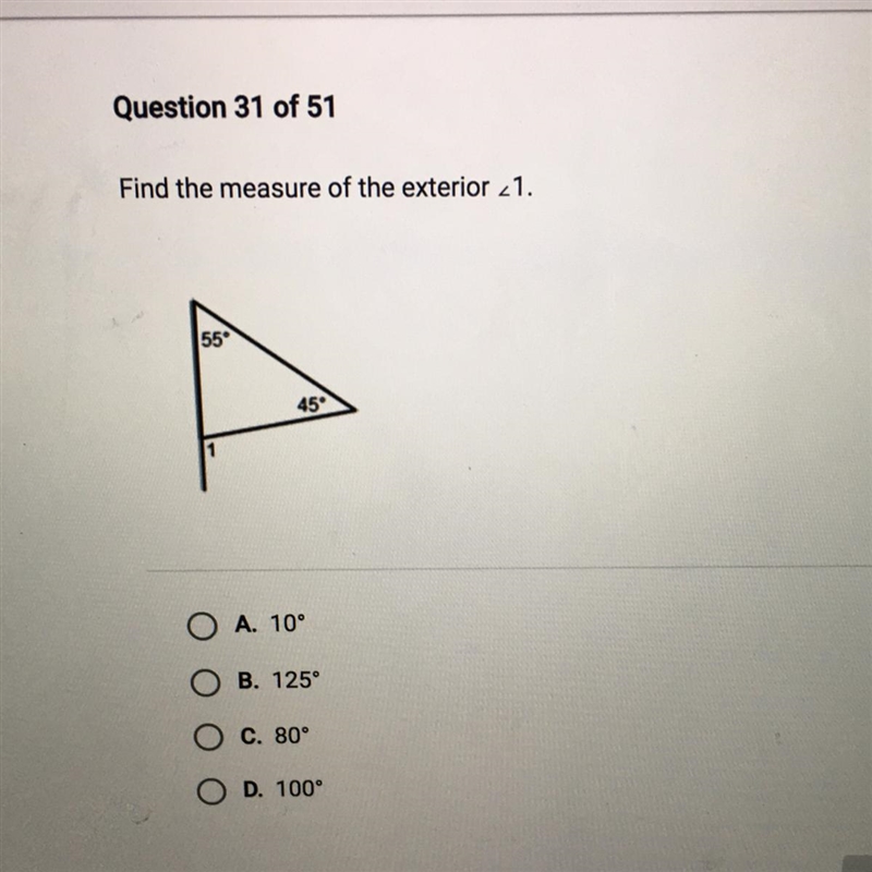 Find the measure of the exterior 21. 45° Ο Α. 10" Β. 125° C. 80' D. 100°-example-1