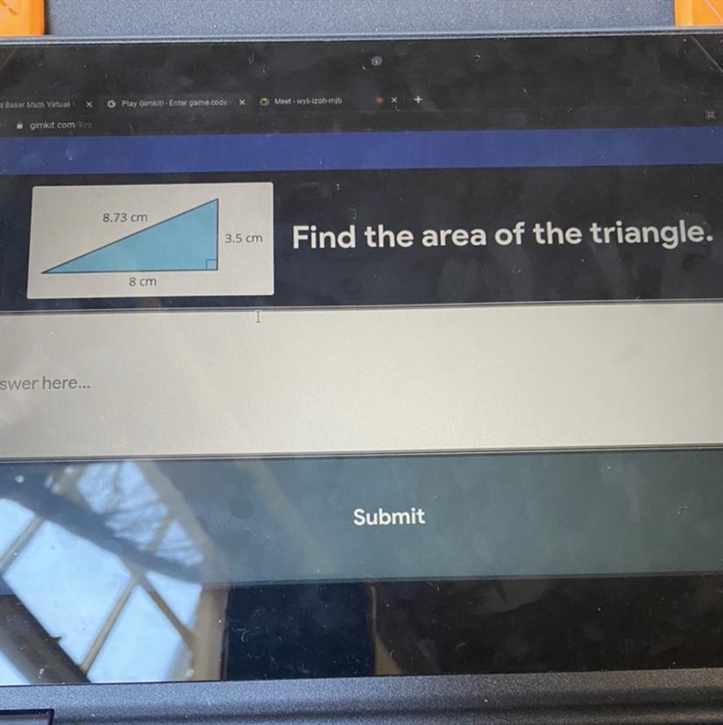 8.73 cm 3.5 cm Find the area of the triangle. 8 cm-example-1