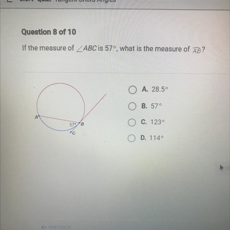 If the measure of ABC is 57º, what is the measure of AB?-example-1