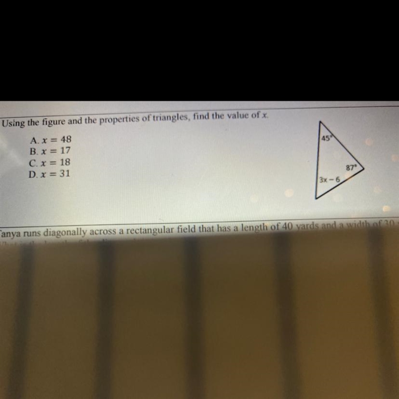 Using the figure and the properties of triangles, find the value of x. A. X = 48 B-example-1