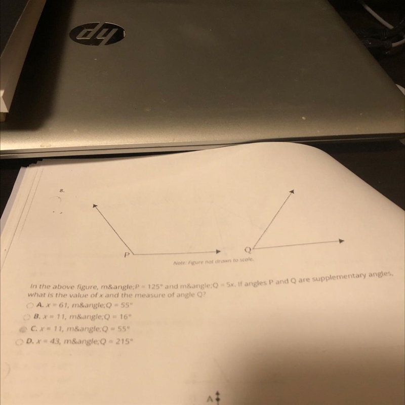 In the above figure, m&angle;P = 125° and m&angle;Q = 5x. If angles P and-example-1