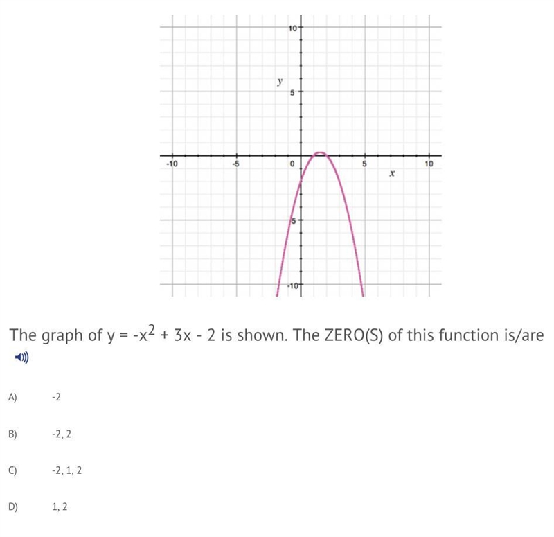 The graph of y= -x2+3x-2 is shown. The ZERO(S) of the function is/ are? A. -2 B. -2, 2 C-example-1