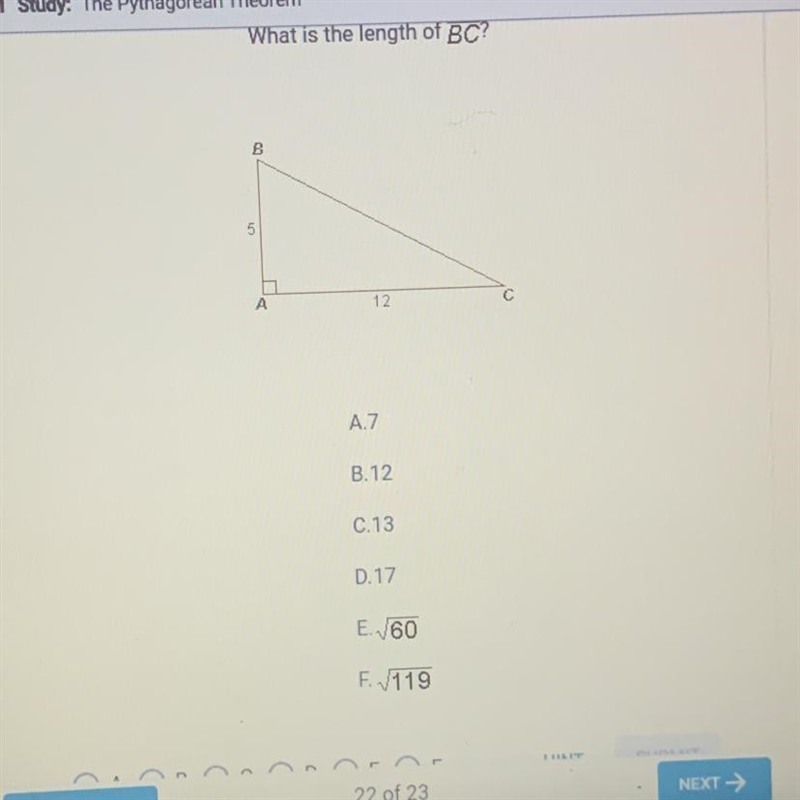 What is the length of BC? A.7 B.12 C.13 D.17 E V60 F. V119-example-1