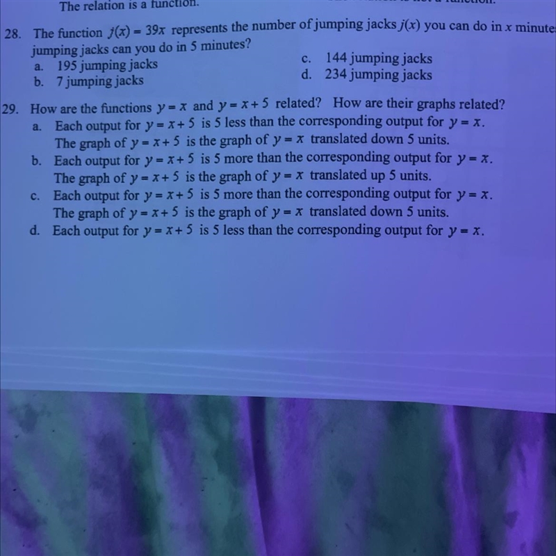 How are the functions y = x and y = x+ 5 related? How are their graphs related? a-example-1