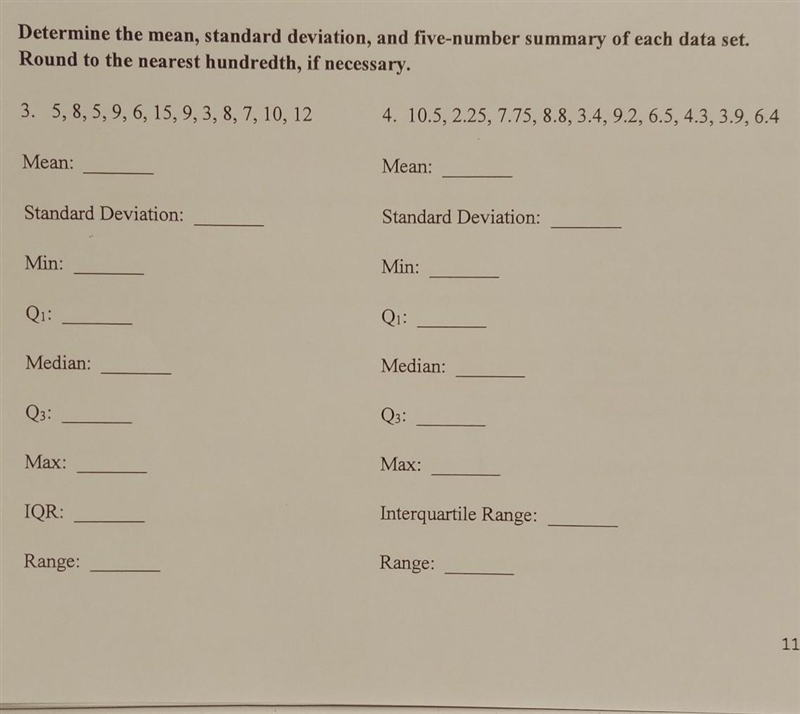 Determine the mean, standard deviation, and five number summary of each data set round-example-1