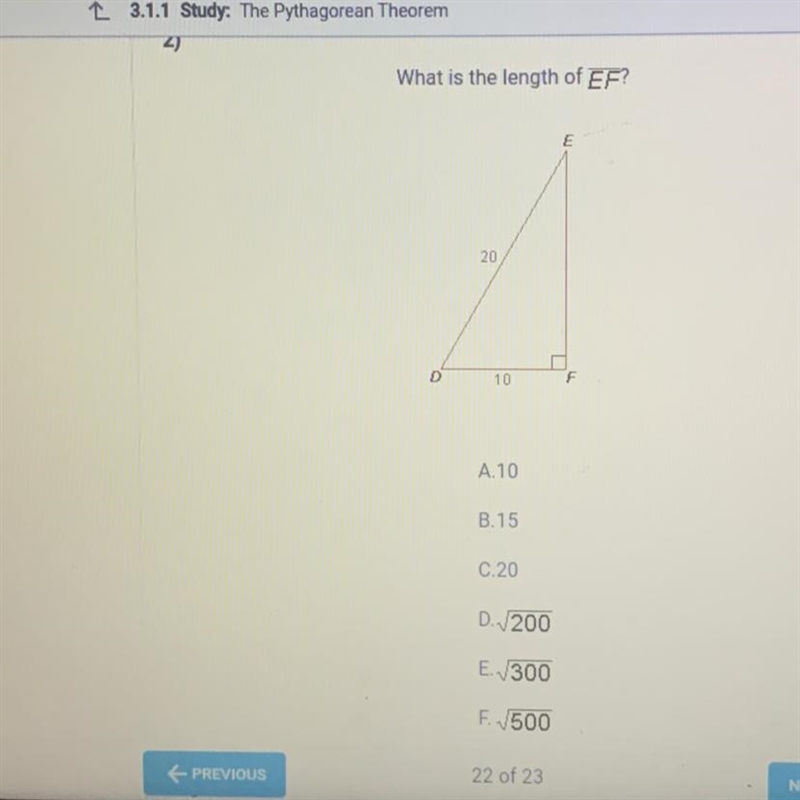 What is length of Ef? A.10 B.15 C.20 D.v200 E.v300 F.v500-example-1