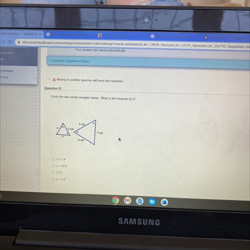 Given the two similar triangles below. What is the measure of x?-example-1