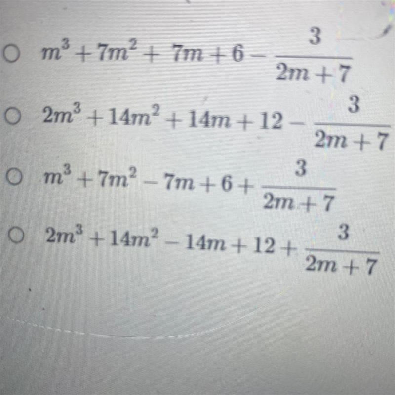 What is the quotient of (2m4 +21m3 + 35m2 – 37m +45) = (2m + 7)?-example-1