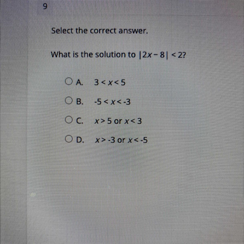 What is the solution to |2x-8|<2?-example-1