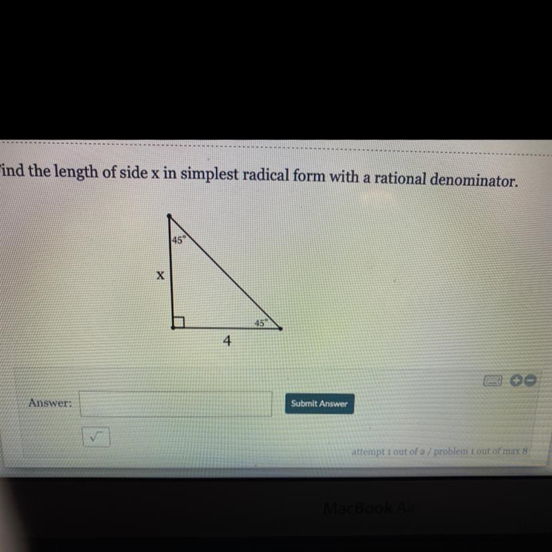 Find the length of side x in simplest radical form with a rational denominator. X-example-1