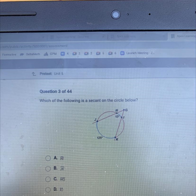 Which of the following is a secant on the circle below? Н G 13- 125 K o A. B. JK C-example-1