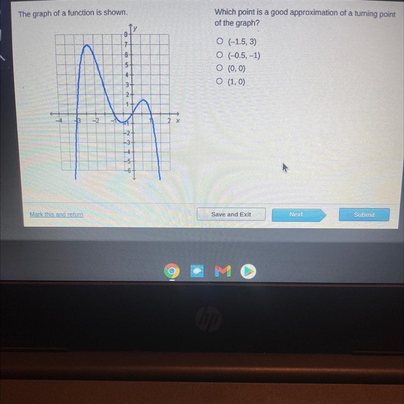 Which point is a good approximation of a turning point of the graph? 0 (-1.5,3) 0 (-0.5, -1) 0 (0,0) O-example-1