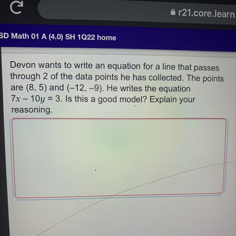 Devon wants to write an equation for a line that passes through 2 of the data points-example-1