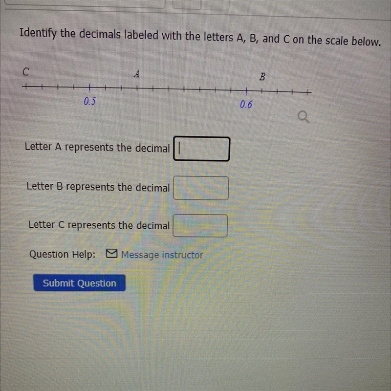 Identify the decimals labeled with the letters A B and a C-example-1