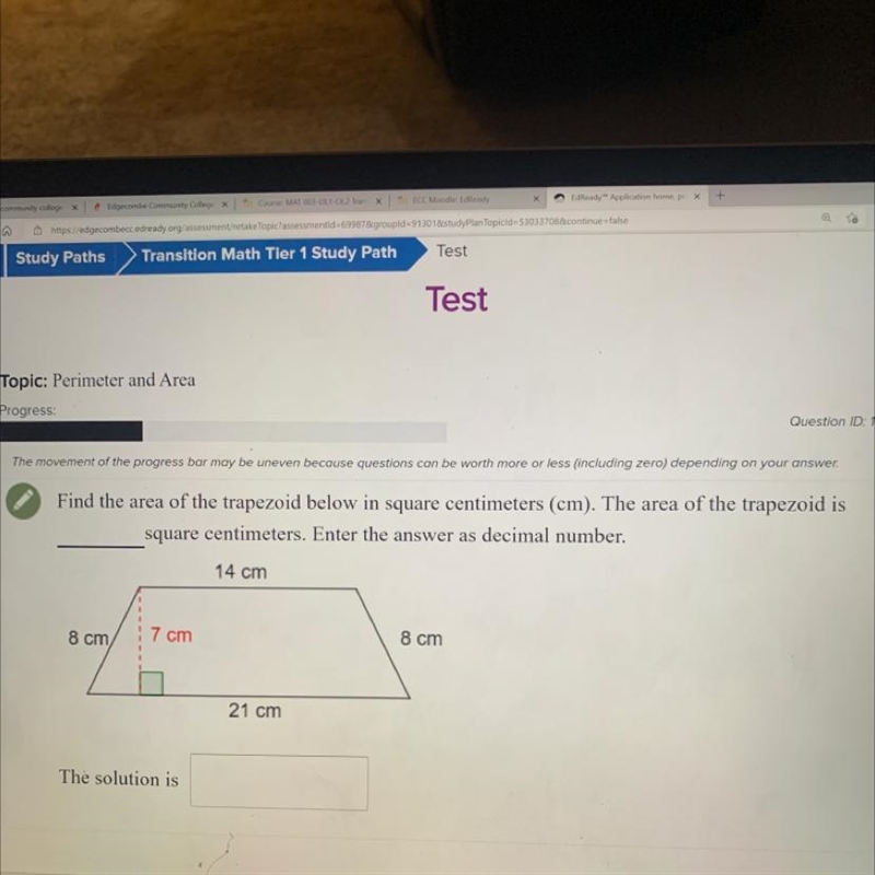 Find the area of the trapezoid below in square centimeters (cm). The area of the trapezoid-example-1