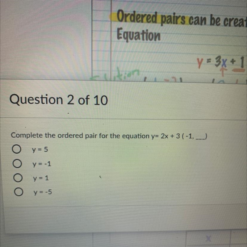 The order pair for the equation y =2x+3(-1----)-example-1