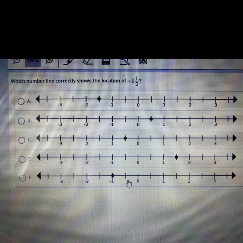 Which number line correctly shows the location of -1 1/2?-example-1