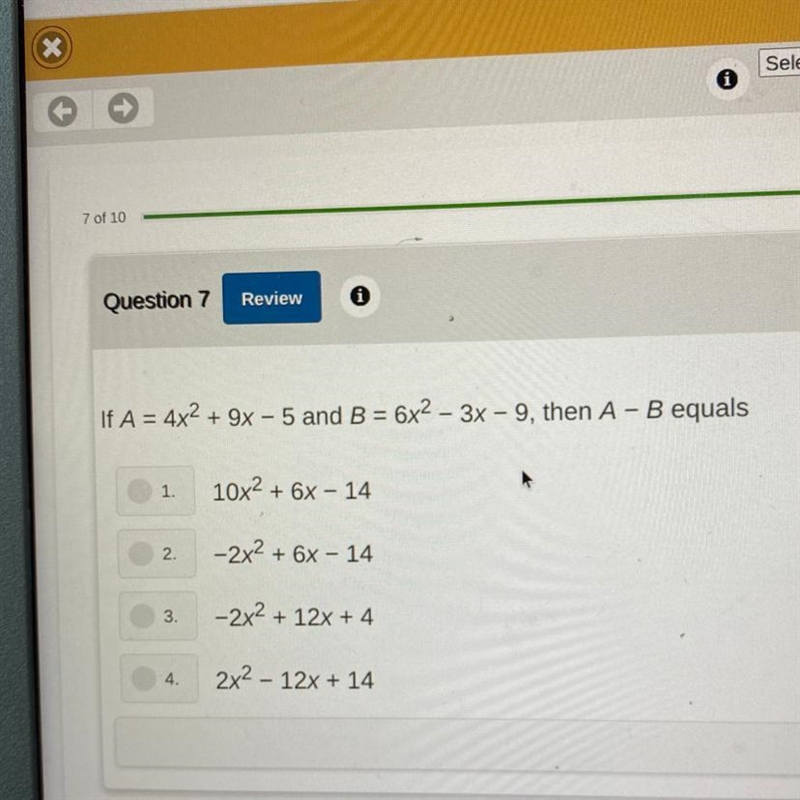 If A = 4x2 + 9x - 5 and B = 6x2 – 3x - 9, then A - B equals-example-1