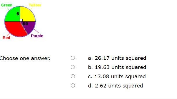 40 pts! Find the area of the purple sector of the circle with a given radius of 5 units-example-1