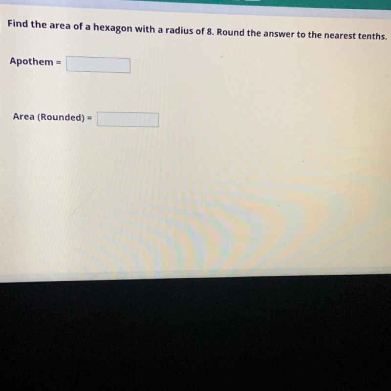 4 Find the area of a hexagon with a radius of 8. Round the answer to the nearest tenths-example-1