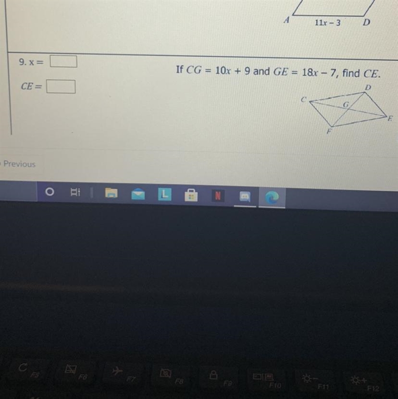 If CG= 10x + 9 and GE = 18x - 7, and CE x= CE=-example-1