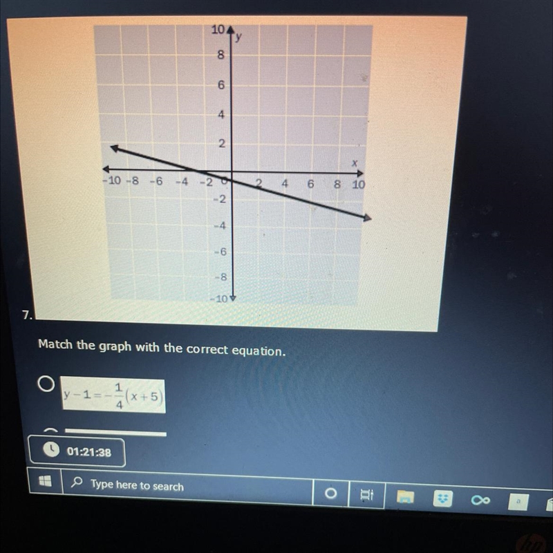 Match the graph with the correct equation. A. Y-1 = -1/4(x+5) B. Y+1= -1/4(x+5) C-example-1