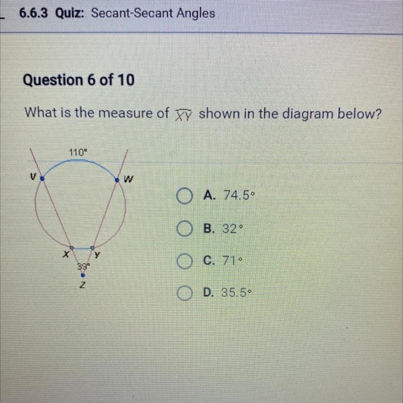 What is the measure of 7 shown in the diagram below? 110° O A. 74.5° B. 32° X O C-example-1