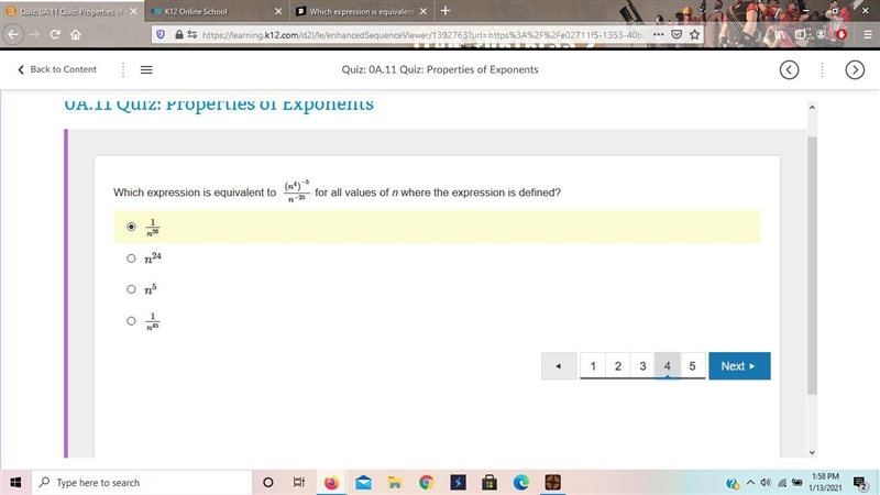 Which expression is equivalent to ((n^(4) )^(-5) )/(n^(-25) ) for all values of n-example-1