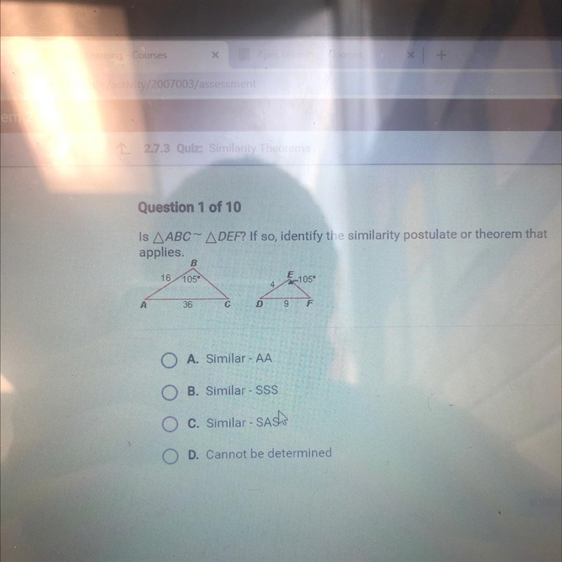 Is AABC-ADEP? If so, identify the similarity postulate or theorem that applies. B-example-1