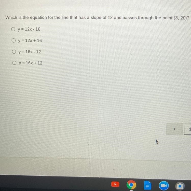 Which is the equation for the line that has a slope of 12 and passes through the point-example-1