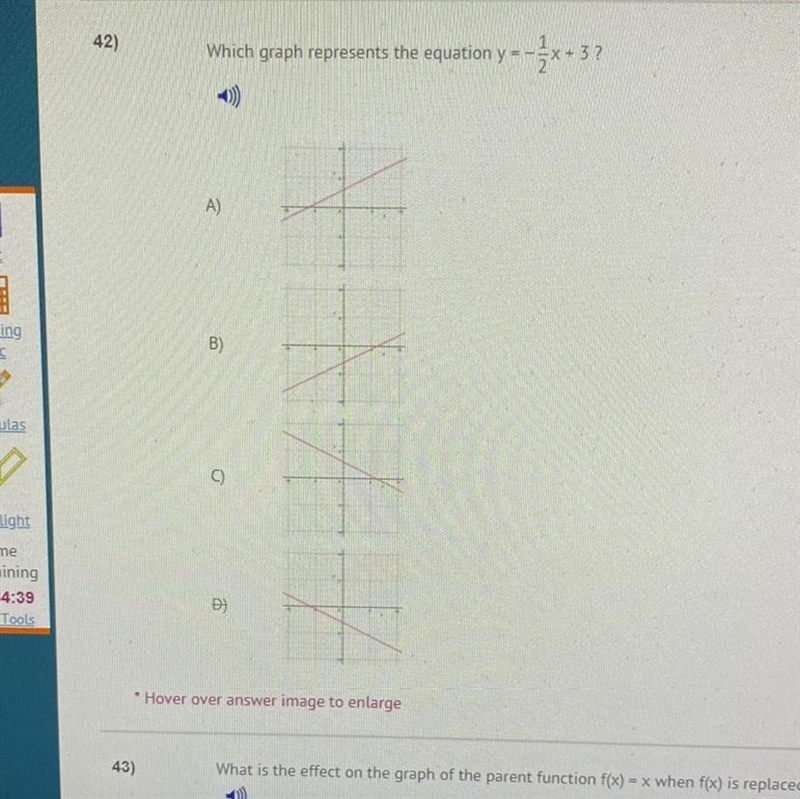 Which graph represents the equation y=- --*x+3? B) t-example-1