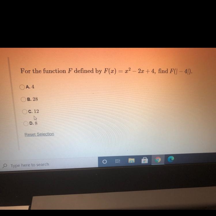 For the function F defined by F(x) = x2 – 2x + 4, find F(| — 4|).-example-1