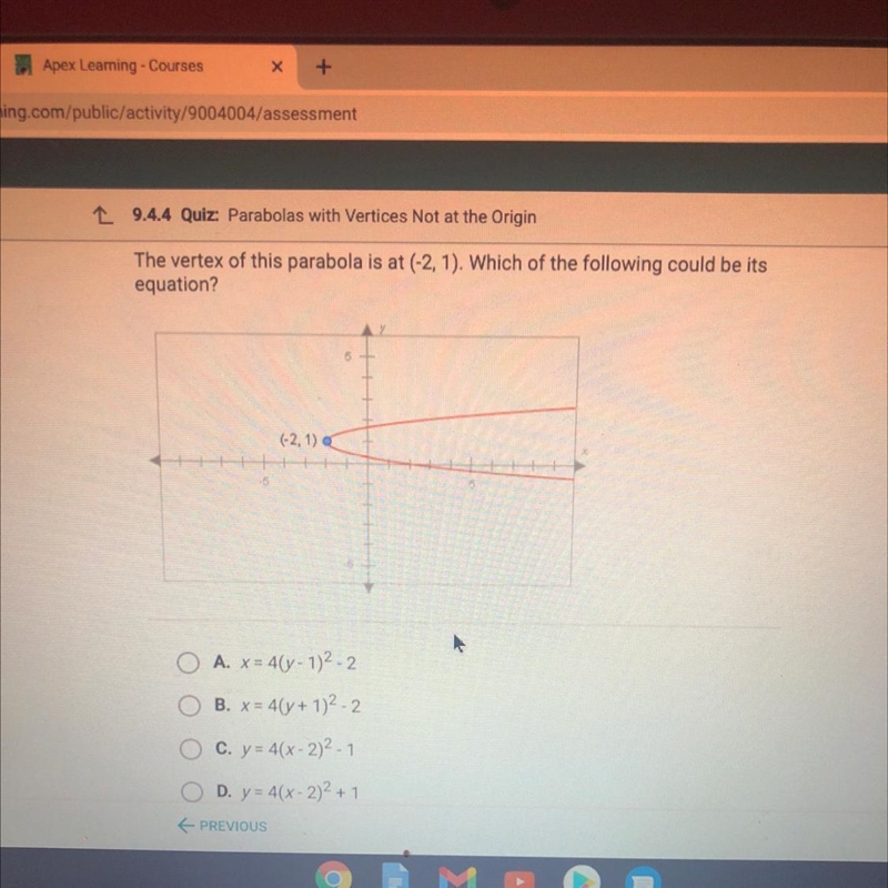 PLEASE HELP The vertex of this parabola is at (-2, 1). Which of the following could-example-1