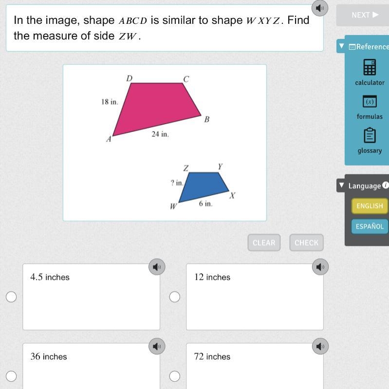 In the image, shape A B C D is similar to shape W X Y Z . Find the measure of side-example-1