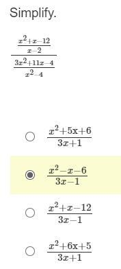 !!!!!!!!!!!!!!!!!!!!!!!!Simplify, please. x^2+x−12/x−2/3x^2+11x−4/x^2−4-example-1