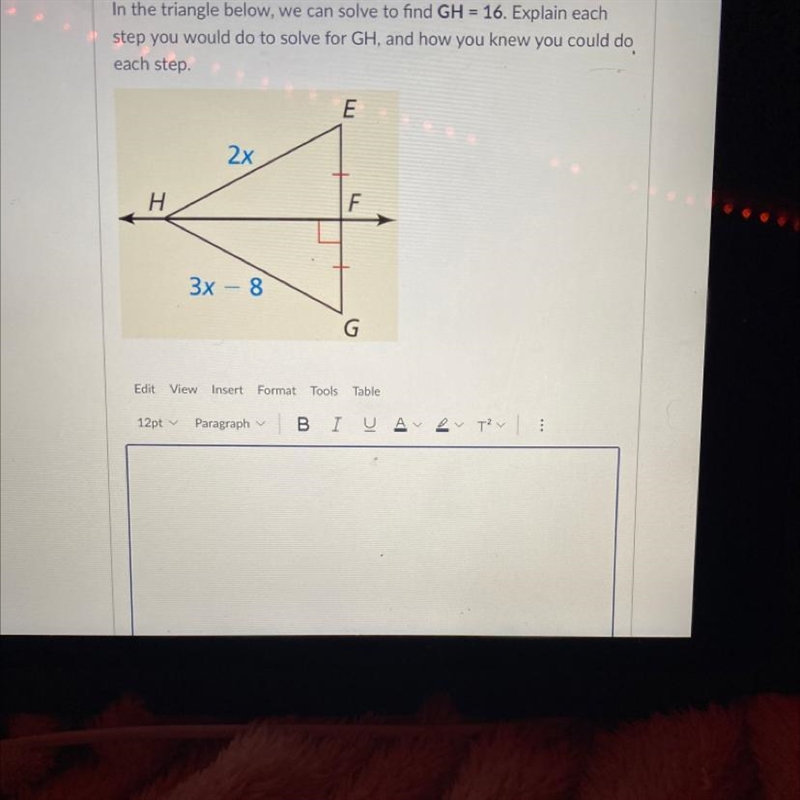 In the triangle below, we can solve to find GH = 16. Explain each step you would do-example-1