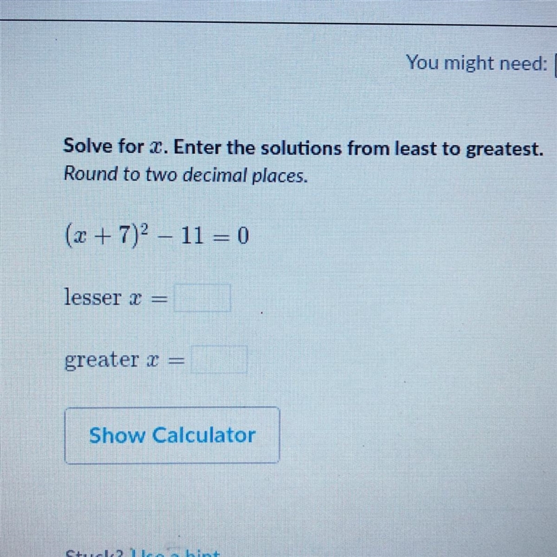 Solve for X.Enter the solutions from least to greatest. Round to two decimal places-example-1