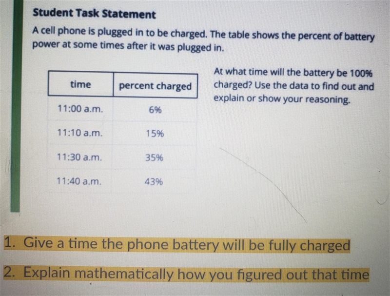 1. Give a time the phone battery will be fully charged. 2. Explain mathematically-example-1