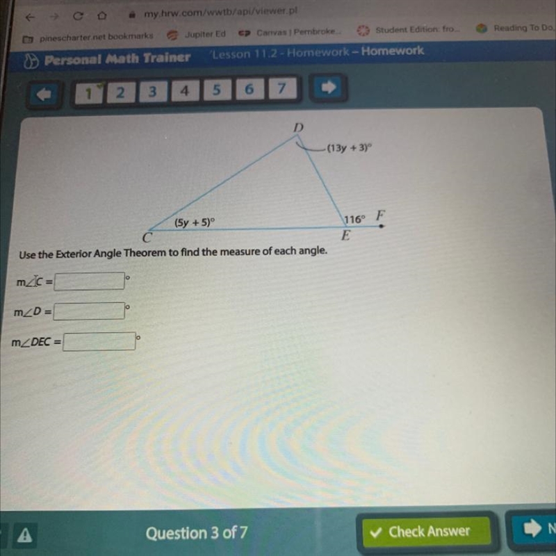 D (13y + 3)º (5y + 5) 116°F E Use the Exterior Angle Theorem to find the measure of-example-1