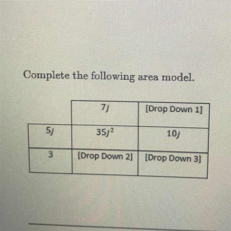 Complete the following area model. 7) [Drop Down 1] 5j 3572 10j 3 [Drop Down 2] [Drop-example-1