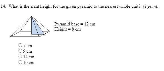 What is the slant height for the given pyramid to the nearest whole unit height-example-1