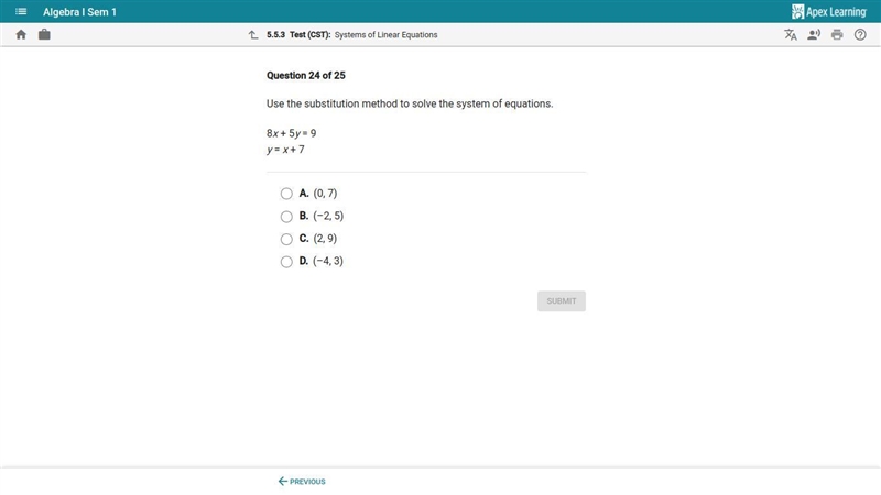 Use the substitution method to solve the system of equations 8x5y=9 y=x+7-example-1