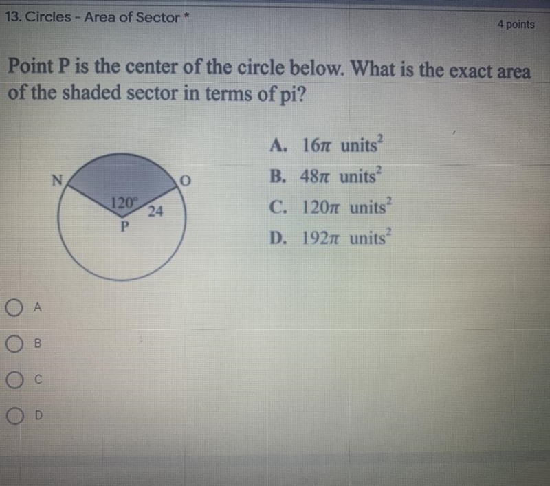 Point P is the center of the circle below. What is the exact area of the shaded sector-example-1