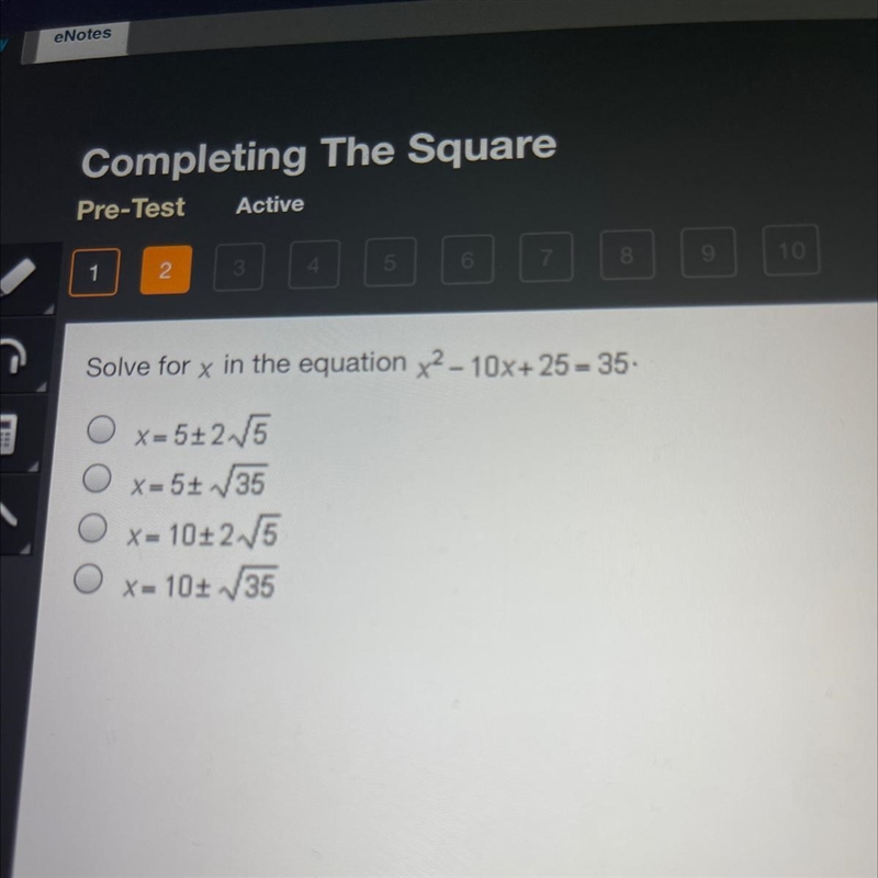 Solve for x in equation x^2-10x25=35-example-1