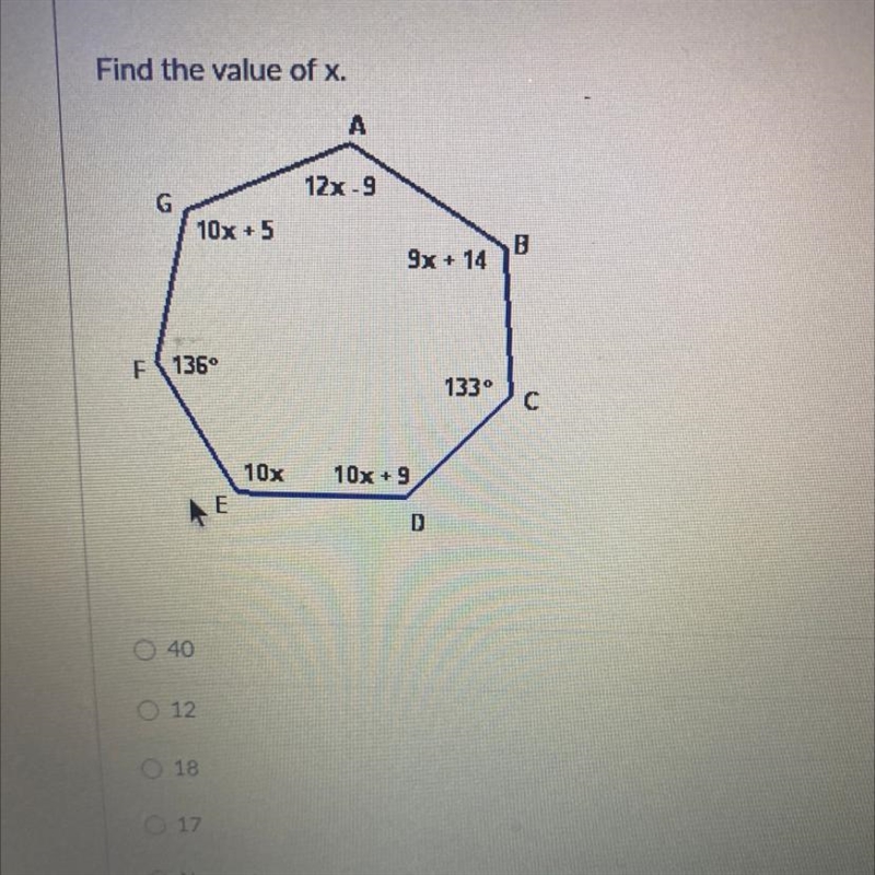 Find the value of x. A 12x - 9 G 10x + 5 B 9x + 14 F136 1330 C 10x 10x + 9 E D-example-1