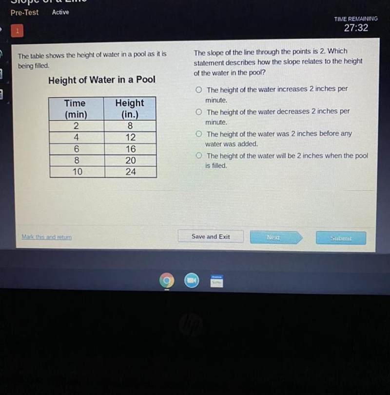 The table shows the height of water in a pool as it is being filled. The slope of-example-1